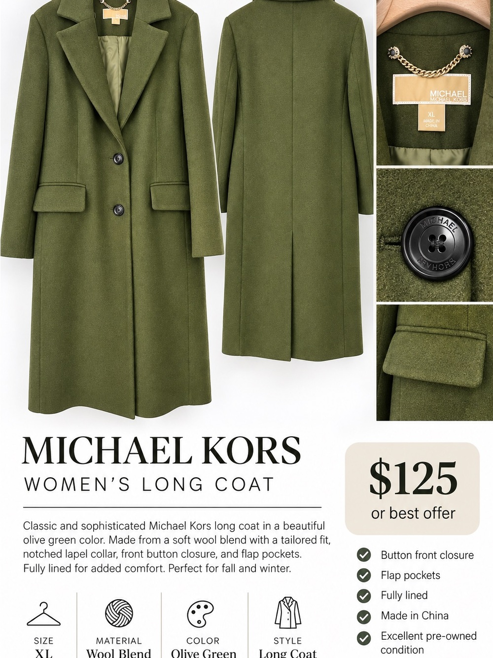 Michael Kors Olive Green Long Wool-Blend Trench Coat